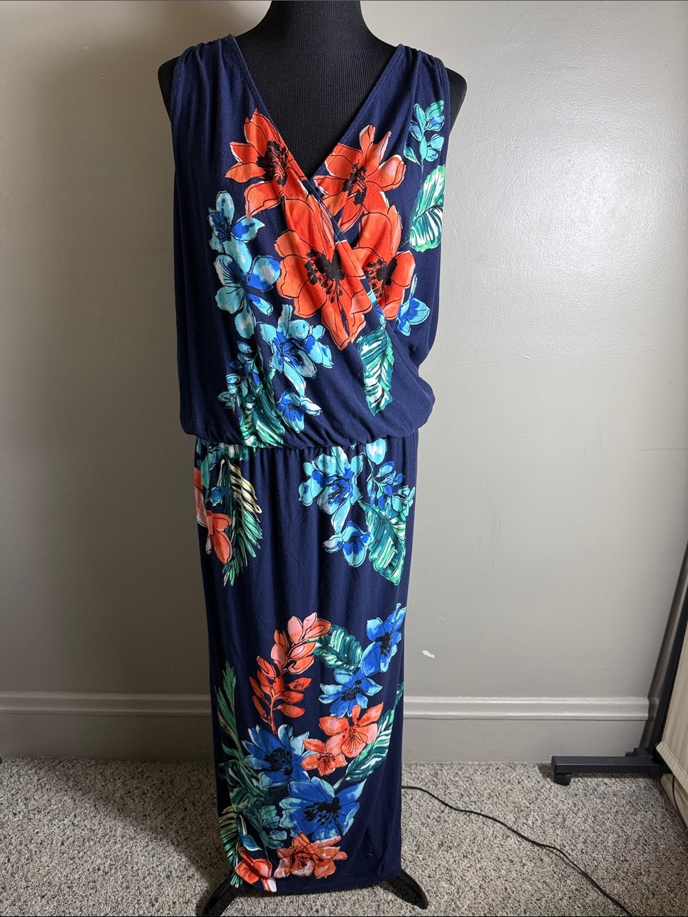 Tommy Bahama Sleeveless Navy Floral Wrap Maxi Dress Blue & Coral Orange Sz XL